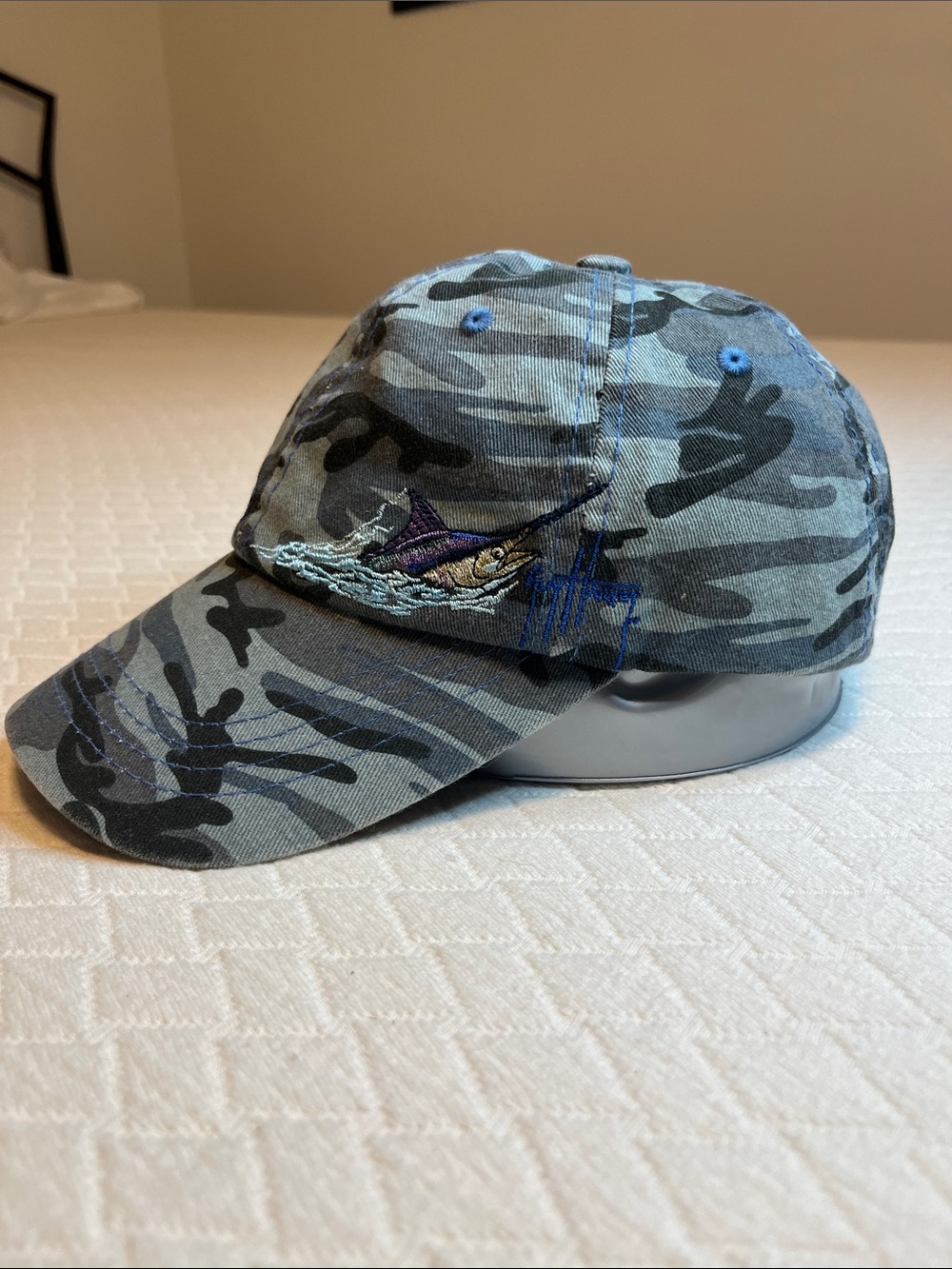 Guy Harvey embroidered Gray-Green Camo Marlin Baseball Cap, adjustable